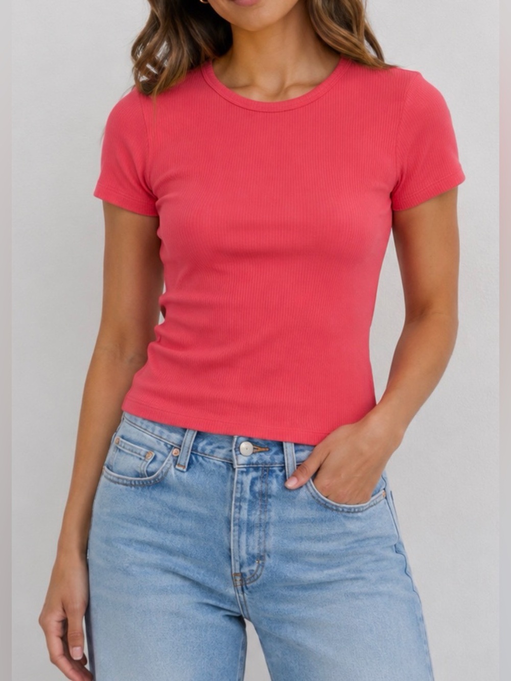 J.Crew Coral Pink Ribbed Short Sleeve Crewneck Tee Size Small